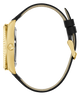 Side of GUESS Mens Black Gold Tone Automatic Watch watch with black strap on a white background