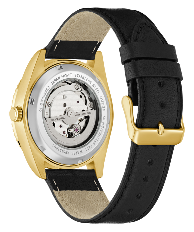 GUESS Mens Black Gold Tone Automatic Watch with black leather strap and gold caseback on a white background