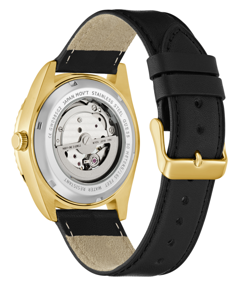 GUESS Mens Black Gold Tone Automatic Watch with black leather strap and gold caseback on a white background