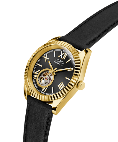 Gold and black watch with visible brand name on a white background lifestyle