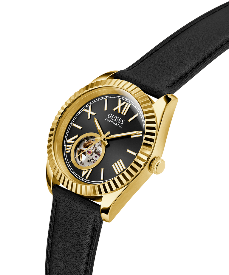 Gold and black watch with visible brand name on a white background lifestyle