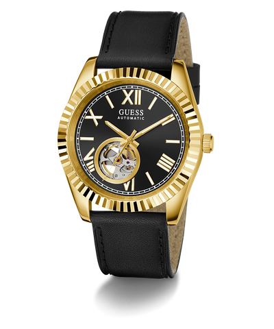 GUESS Mens Black Gold Tone Automatic Watch with visible brand name on a white background