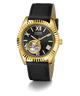 GUESS Mens Black Gold Tone Automatic Watch with visible brand name on a white background