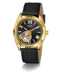 GUESS Mens Black Gold Tone Automatic Watch with visible brand name on a white background