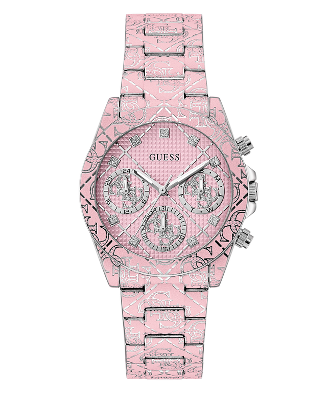 GUESS Ladies Pink Multi-function Watch with a patterned band on a white background