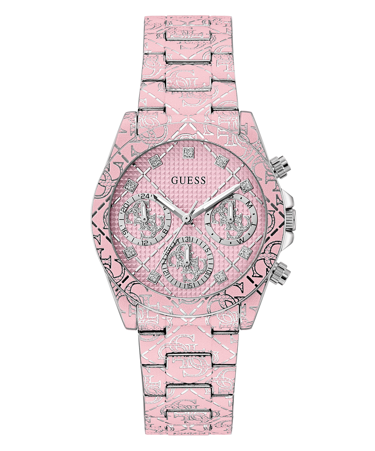 GUESS Ladies Pink Multi-function Watch with a patterned band on a white background