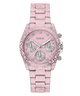 GUESS Ladies Pink Multi-function Watch with a patterned band on a white background