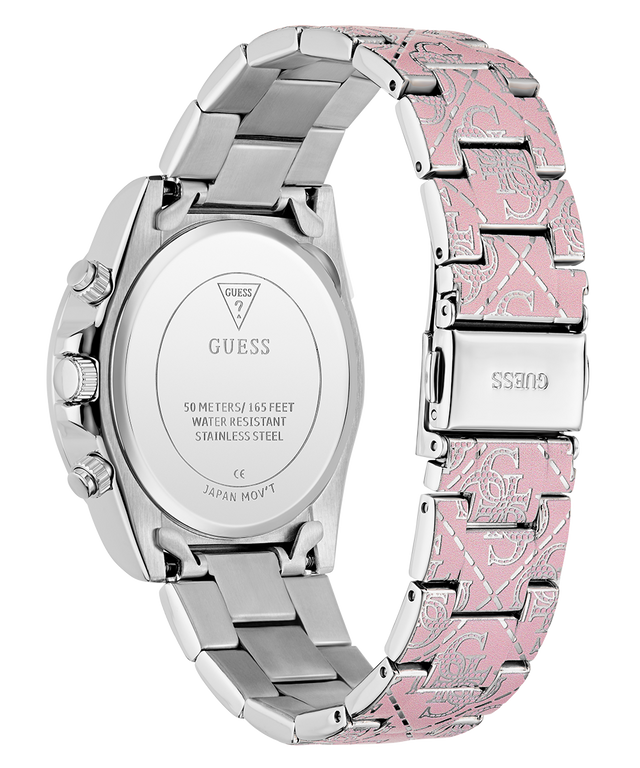 GUESS Ladies Pink Multi-function Watch with pink and silver band on a white background