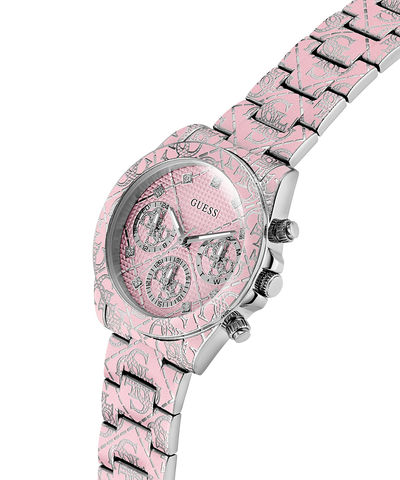 GUESS Ladies Pink Multi-function Watch with a patterned face on a white background lifestyle