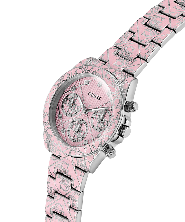 GUESS Ladies Pink Multi-function Watch with a patterned face on a white background lifestyle