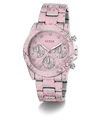 GUESS Ladies Pink Multi-function Watch with a patterned band on a white background