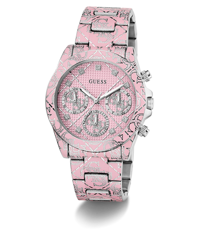GUESS Ladies Pink Multi-function Watch with a patterned band on a white background