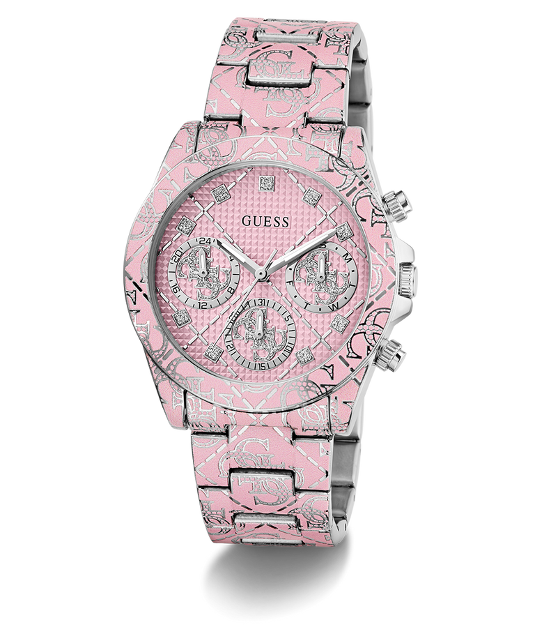 GUESS Ladies Pink Multi-function Watch with a patterned band on a white background