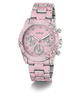 GUESS Ladies Pink Multi-function Watch with a patterned band on a white background