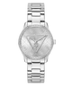 Silver GUESS Ladies Silver Tone Analog Watch with a brand logo on a white background