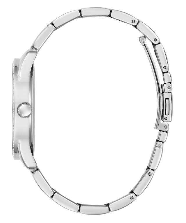 Close-up of a silver watch band on a white background