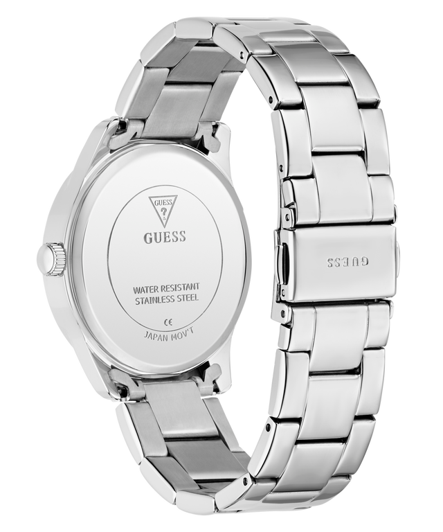 Silver Guess watch with metal band on a white background