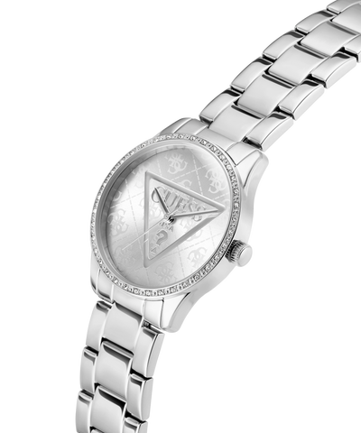 Silver watch with a triangle logo on a white background lifestyle