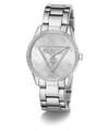 Silver GUESS Ladies Silver Tone Analog Watch with logo on a white background