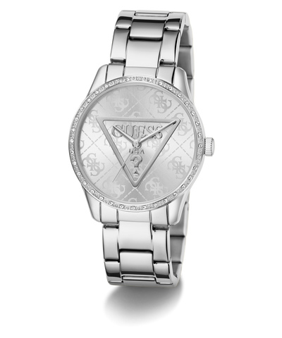 Silver GUESS Ladies Silver Tone Analog Watch with logo on a white background
