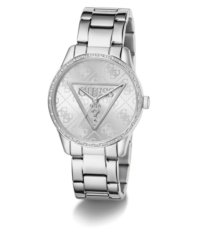 Silver GUESS Ladies Silver Tone Analog Watch with logo on a white background