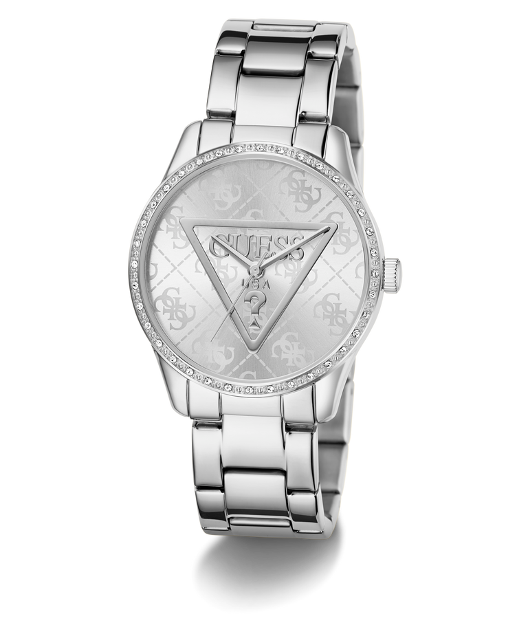Silver GUESS Ladies Silver Tone Analog Watch with logo on a white background
