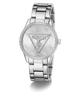 Silver GUESS Ladies Silver Tone Analog Watch with logo on a white background