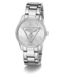 Silver GUESS Ladies Silver Tone Analog Watch with logo on a white background