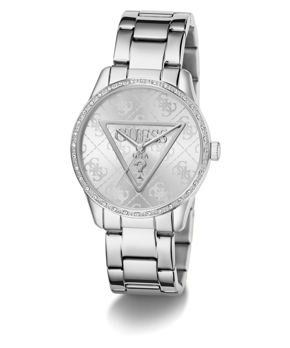 Silver GUESS Ladies Silver Tone Analog Watch with logo on a white background