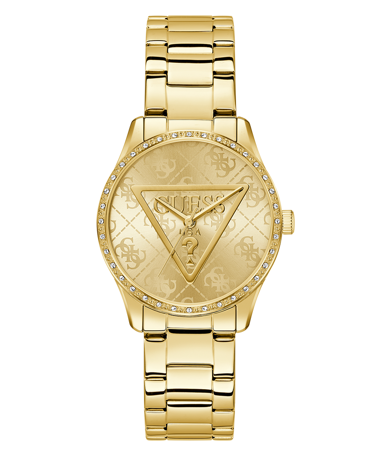 GUESS Ladies Gold Tone Analog Watch with brand logo on a white background