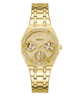 GUESS Ladies Gold Tone Multi-function Watch with diamond-studded face on a white background