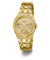 GUESS Ladies Gold Tone Multi-function Watch with diamond accents on a white background