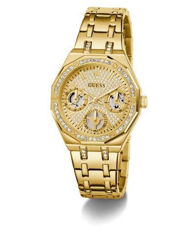 GUESS Ladies Gold Tone Multi-function Watch with diamond accents on a white background