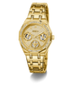 GUESS Ladies Gold Tone Multi-function Watch with diamond accents on a white background