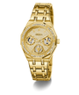 GUESS Ladies Gold Tone Multi-function Watch with diamond accents on a white background