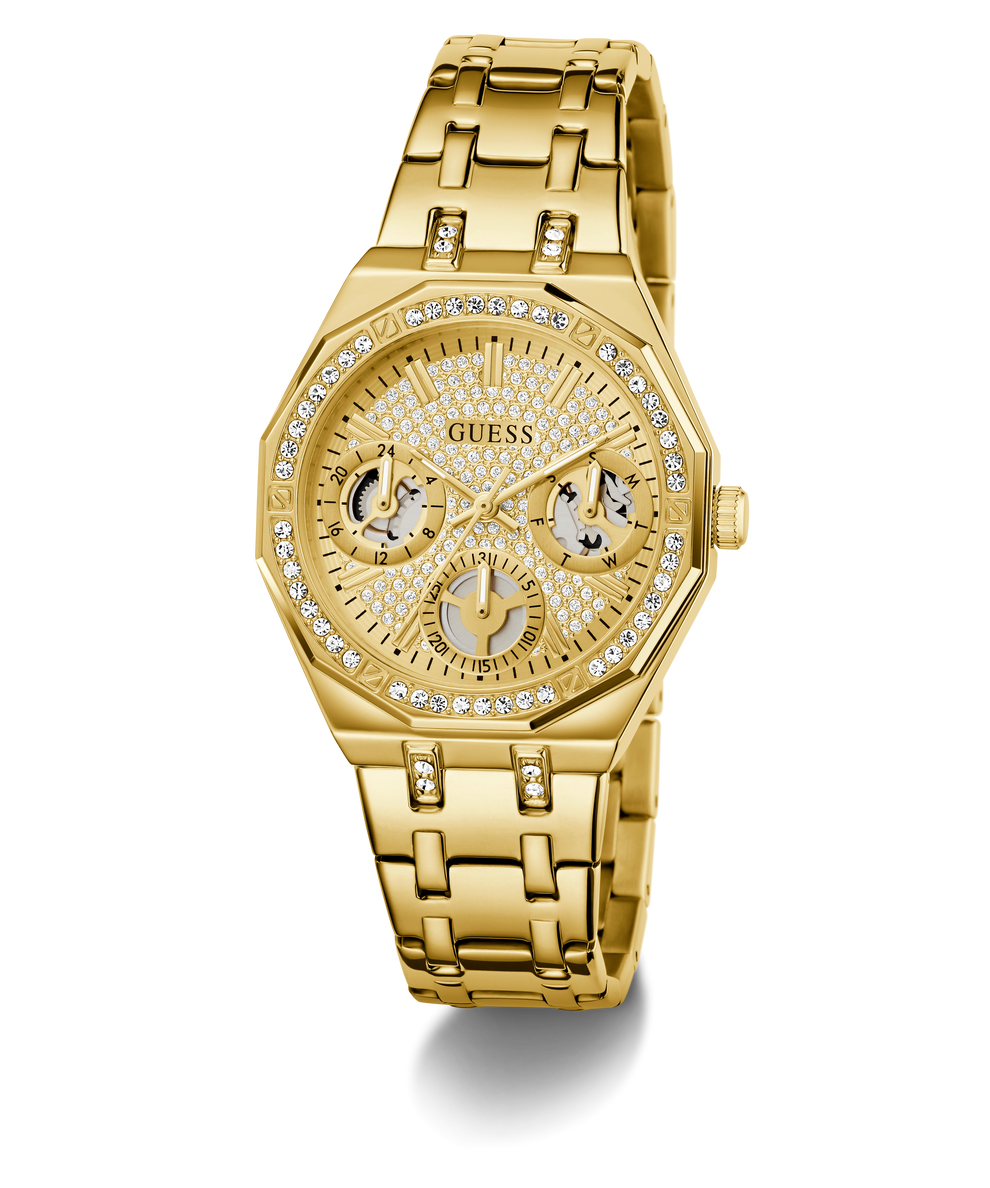 GUESS Ladies Gold Tone Multi-function Watch with diamond accents on a white background