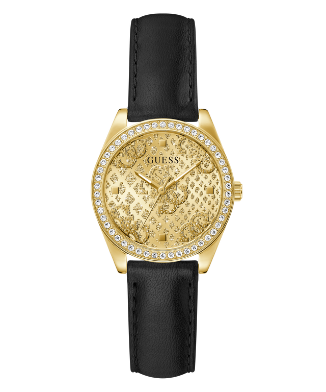 Gold GUESS Ladies Black Gold Tone Analog Watch with black leather strap on a white background