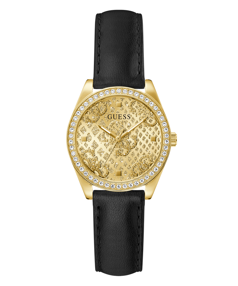 Gold GUESS Ladies Black Gold Tone Analog Watch with black leather strap on a white background
