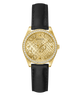 Gold GUESS Ladies Black Gold Tone Analog Watch with black leather strap on a white background