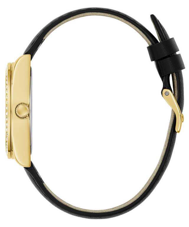 GUESS Ladies Black Gold Tone Analog Watch with black strap and gold case on a white background