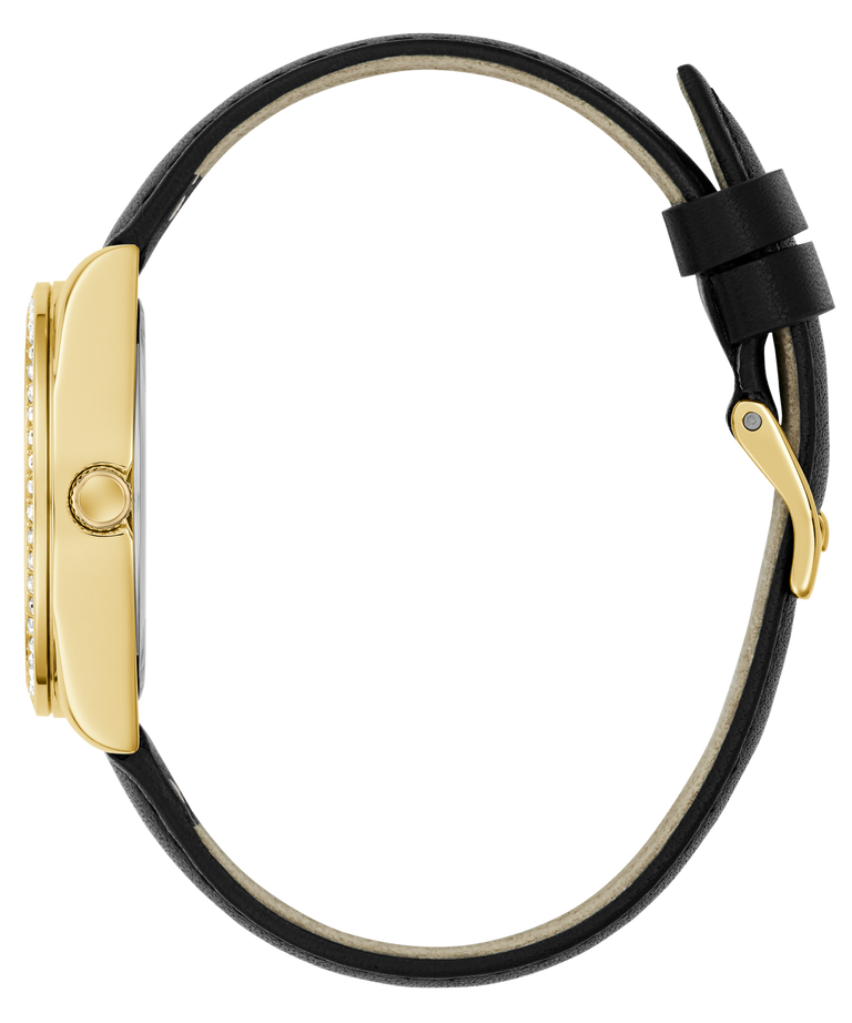 GUESS Ladies Black Gold Tone Analog Watch with black strap and gold case on a white background
