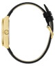GUESS Ladies Black Gold Tone Analog Watch with black strap and gold case on a white background