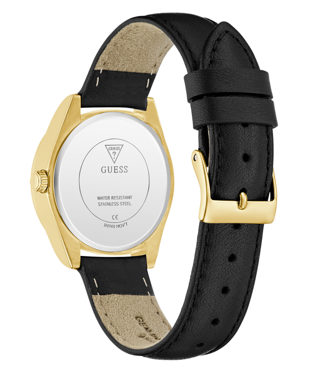 Black GUESS Ladies Black Gold Tone Analog Watch with gold case and black leather strap on a white background