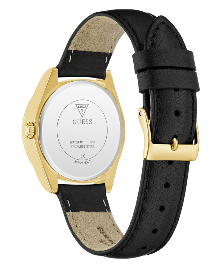 Black GUESS Ladies Black Gold Tone Analog Watch with gold case and black leather strap on a white background