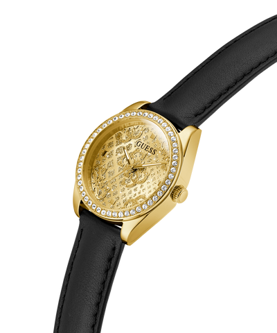 Gold GUESS Ladies Black Gold Tone Analog Watch with black strap on a white background lifestyle