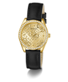 Gold GUESS Ladies Black Gold Tone Analog Watch with black strap on a white background