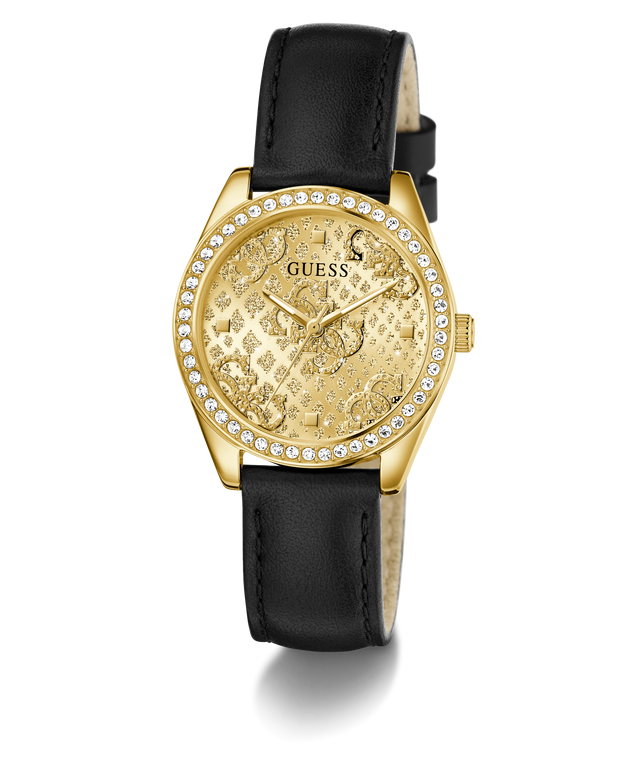 Gold GUESS Ladies Black Gold Tone Analog Watch with black strap on a white background