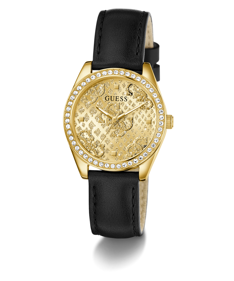Gold GUESS Ladies Black Gold Tone Analog Watch with black strap on a white background