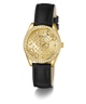Gold GUESS Ladies Black Gold Tone Analog Watch with black strap on a white background