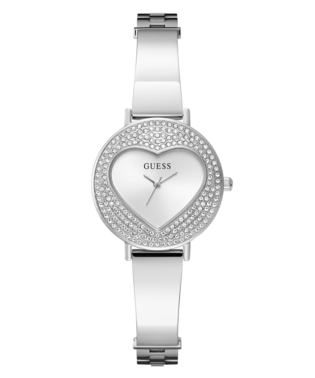 GUESS Ladies Silver Tone Analog Watch with heart-shaped face and Guess logo on a white background